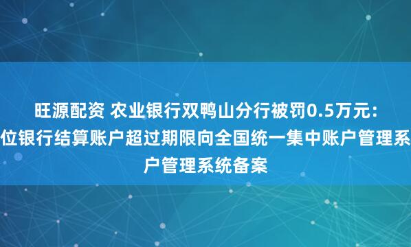 旺源配资 农业银行双鸭山分行被罚0.5万元：撤销单位银行结算账户超过期限向全国统一集中账户管理系统备案